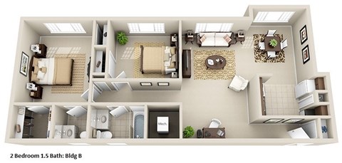 Floor plan for 2 beds, 1.5 baths, 775 sqft